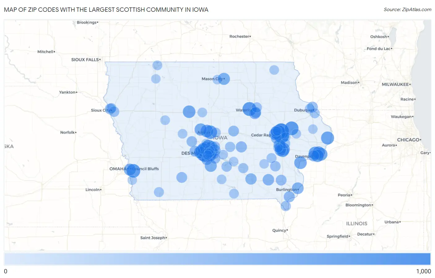 Zip Codes with the Largest Scottish Community in Iowa Map