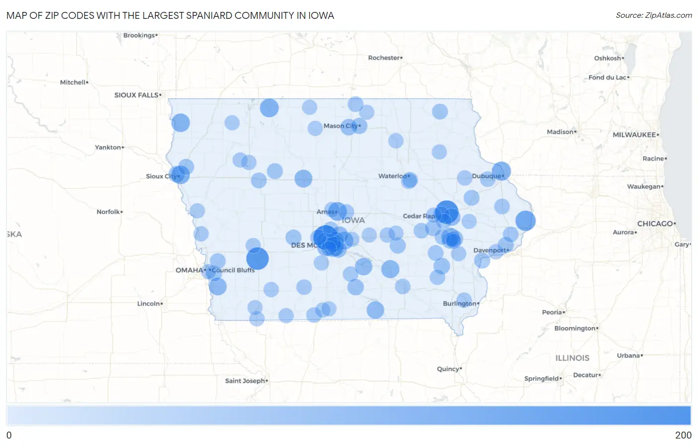 Zip Codes with the Largest Spaniard Community in Iowa Map