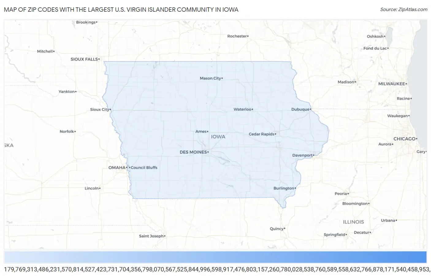 Zip Codes with the Largest U.S. Virgin Islander Community in Iowa Map