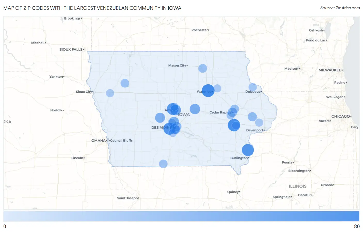 Zip Codes with the Largest Venezuelan Community in Iowa Map