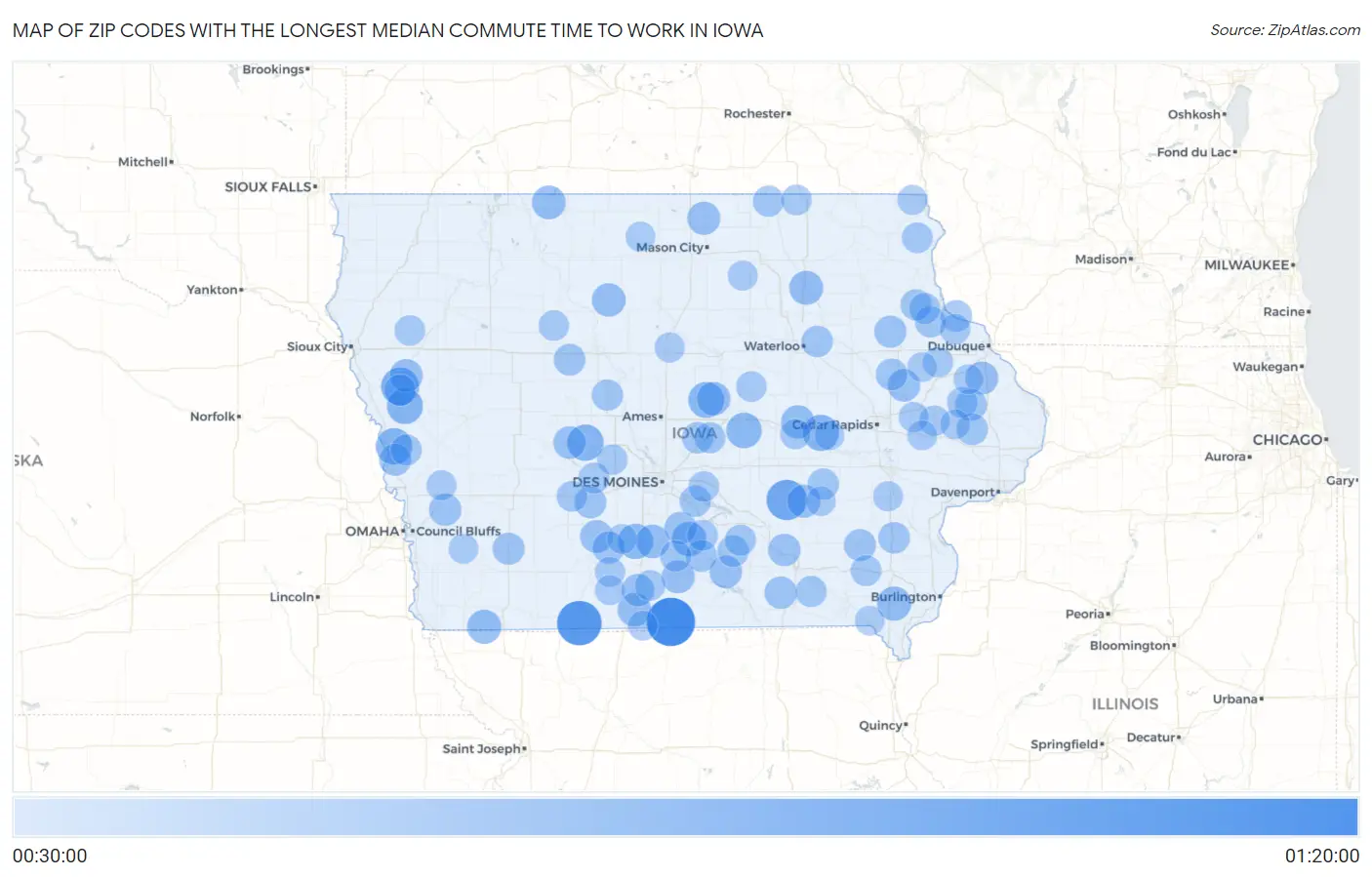 Zip Codes with the Longest Median Commute Time to Work in Iowa Map