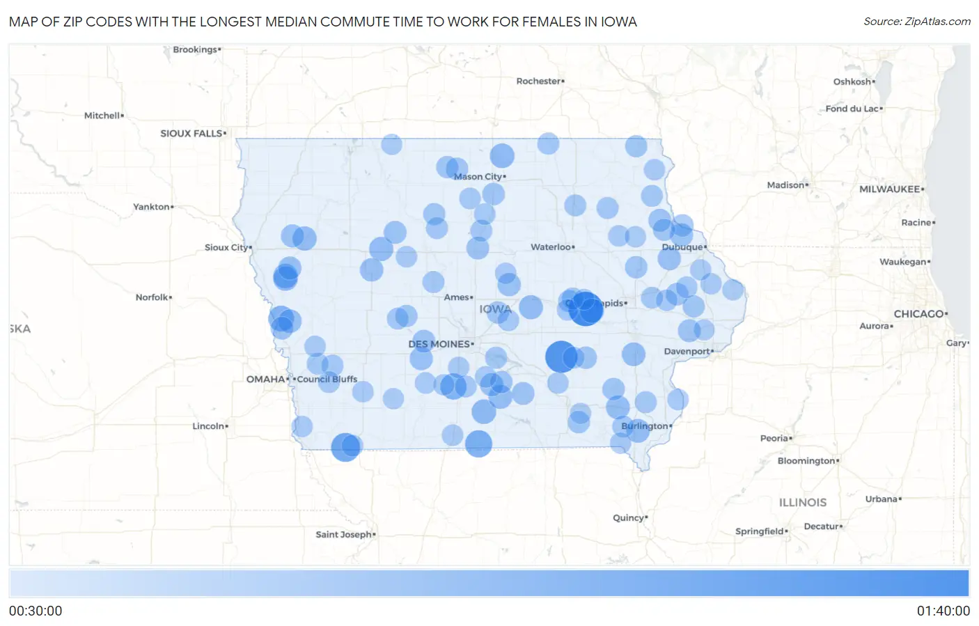 Zip Codes with the Longest Median Commute Time to Work for Females in Iowa Map
