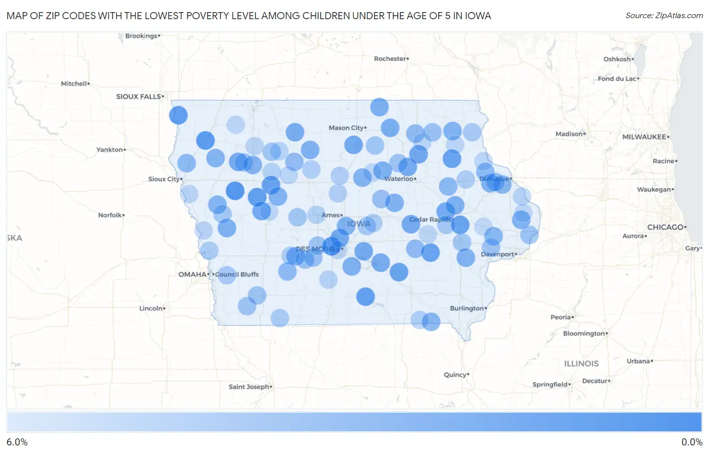 Zip Codes with the Lowest Poverty Level Among Children Under the Age of 5 in Iowa Map