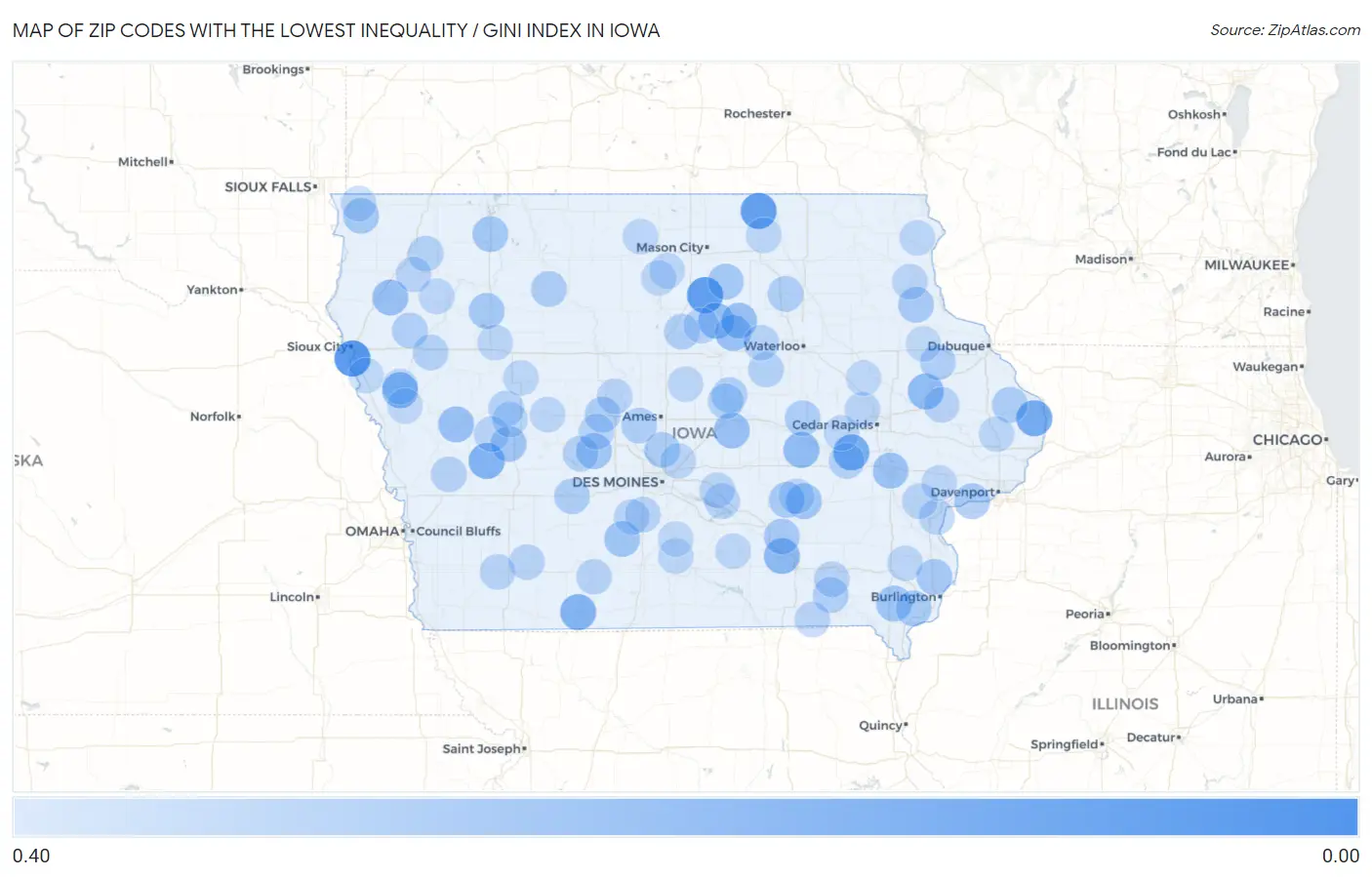 Zip Codes with the Lowest Inequality / Gini Index in Iowa Map