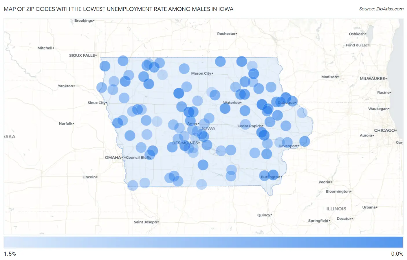 Zip Codes with the Lowest Unemployment Rate Among Males in Iowa Map