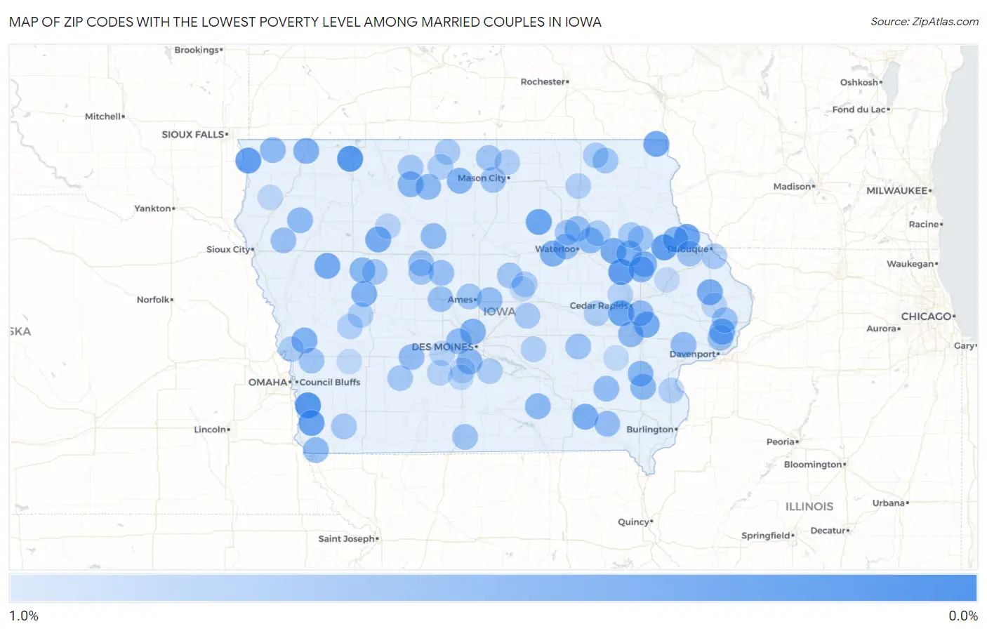 Zip Codes with the Lowest Poverty Level Among Married Couples in Iowa Map