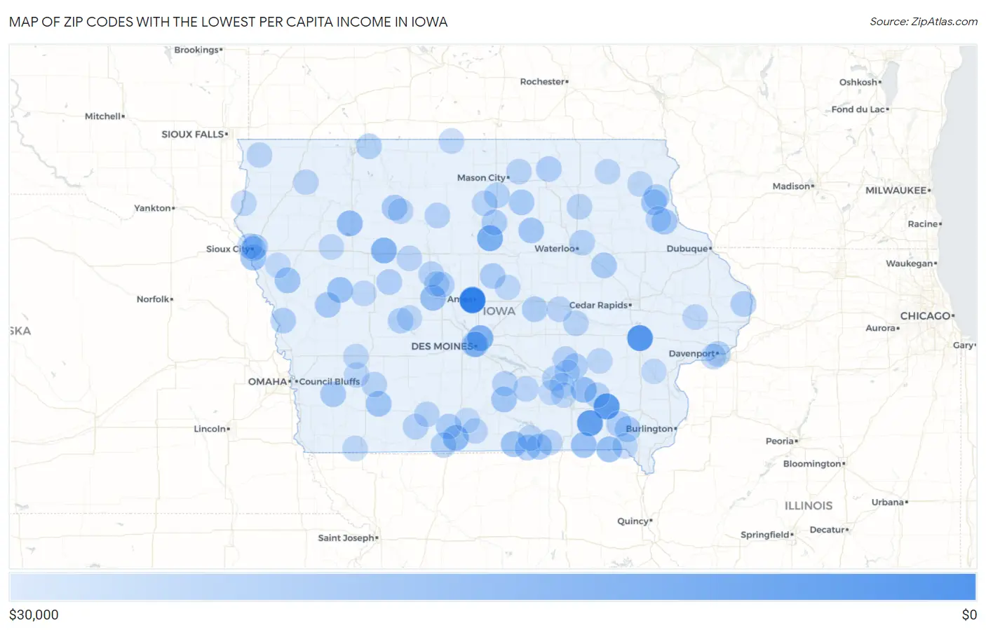 Zip Codes with the Lowest Per Capita Income in Iowa Map