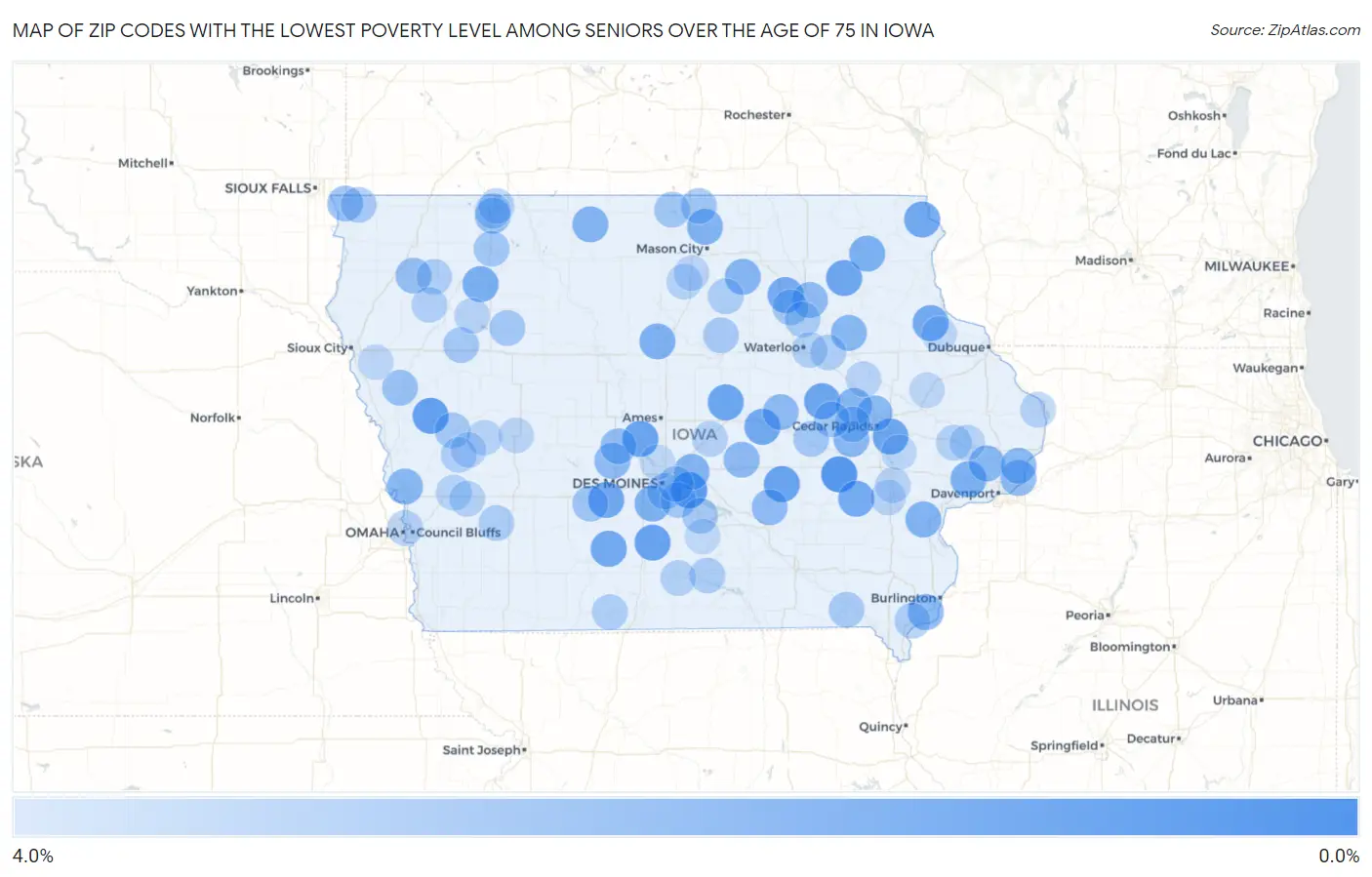 Zip Codes with the Lowest Poverty Level Among Seniors Over the Age of 75 in Iowa Map