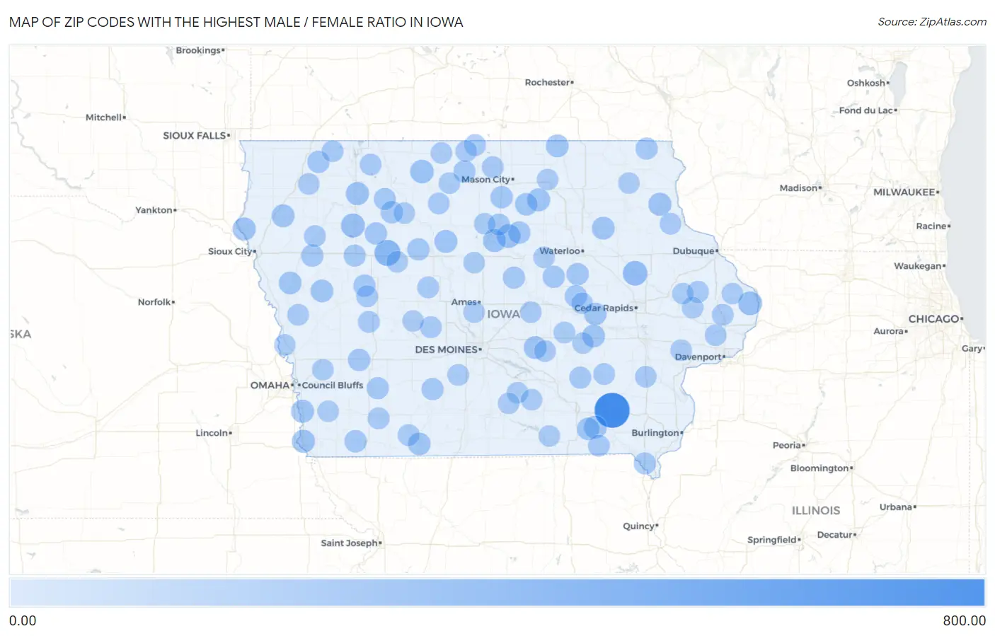 Zip Codes with the Highest Male / Female Ratio in Iowa Map