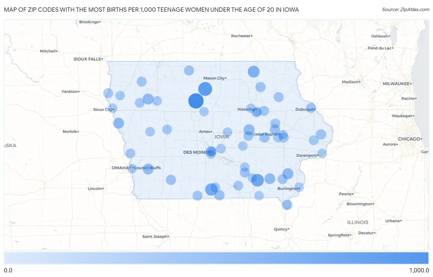 Zip Codes with the Most Births per 1,000 Teenage Women Under the Age of 20 in Iowa Map