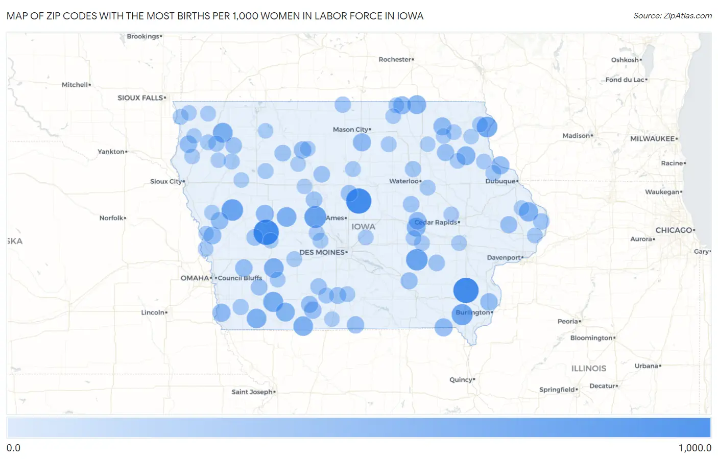 Zip Codes with the Most Births per 1,000 Women in Labor Force in Iowa Map