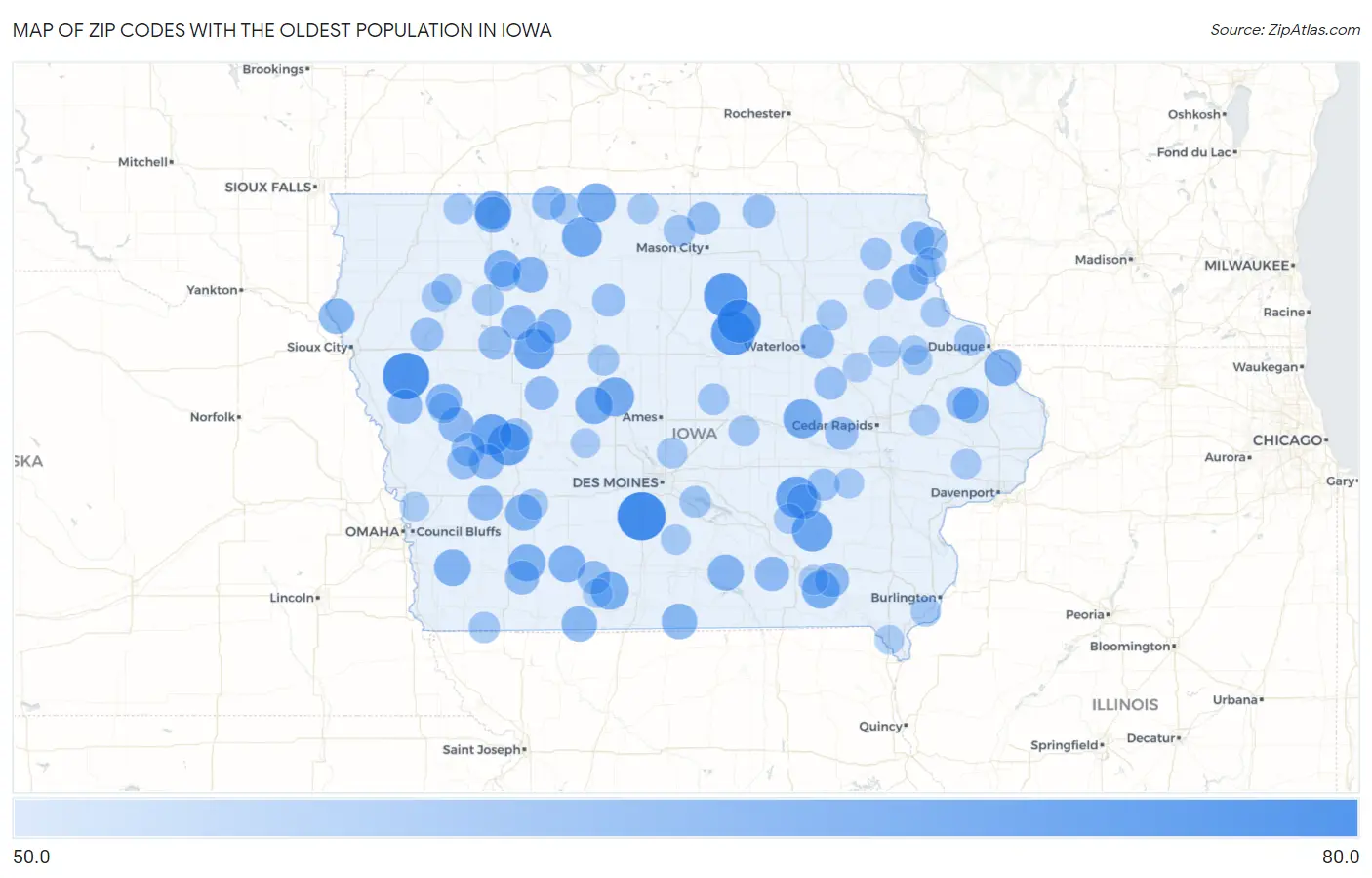 Zip Codes with the Oldest Population in Iowa Map