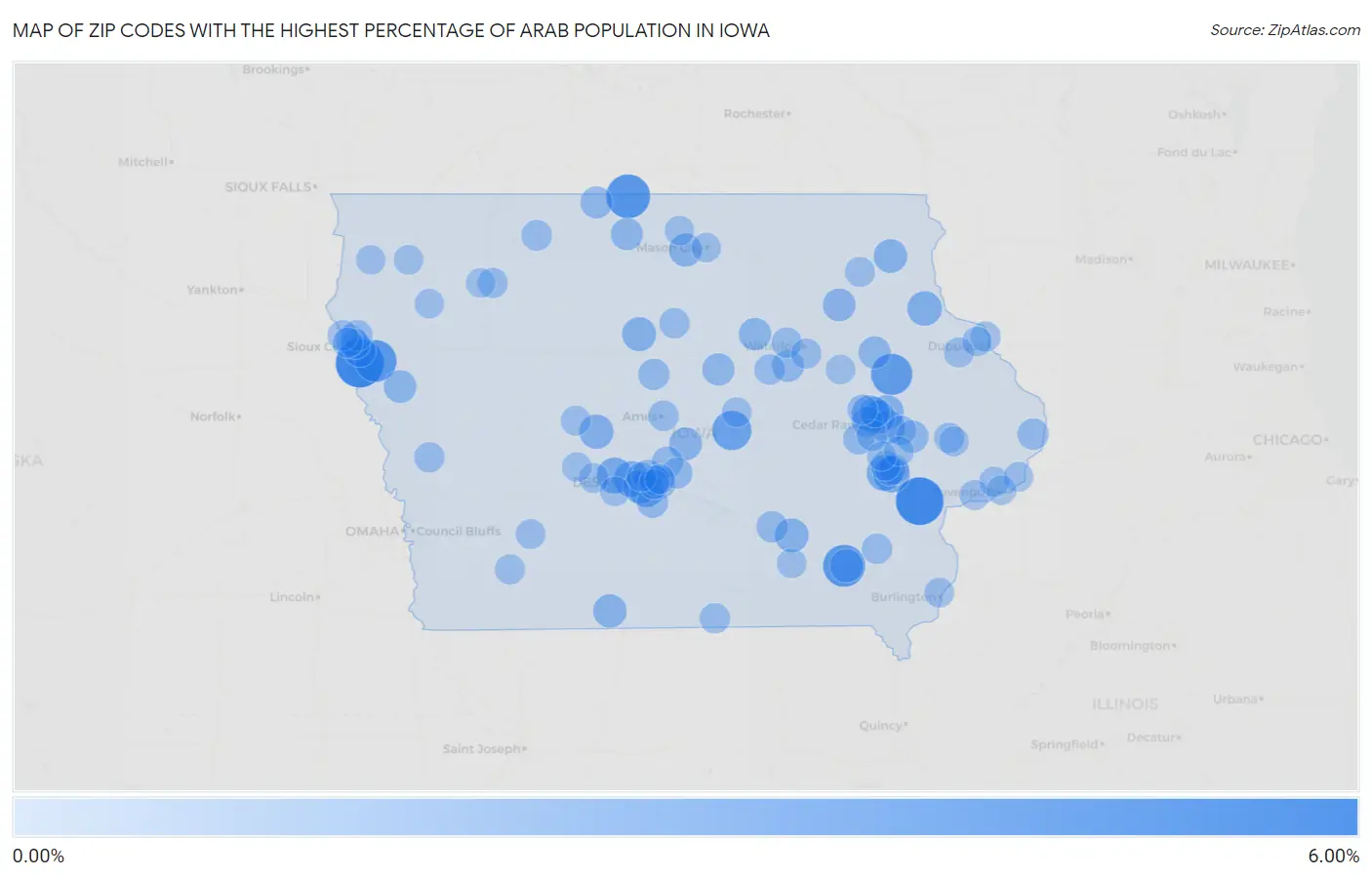 Zip Codes with the Highest Percentage of Arab Population in Iowa Map