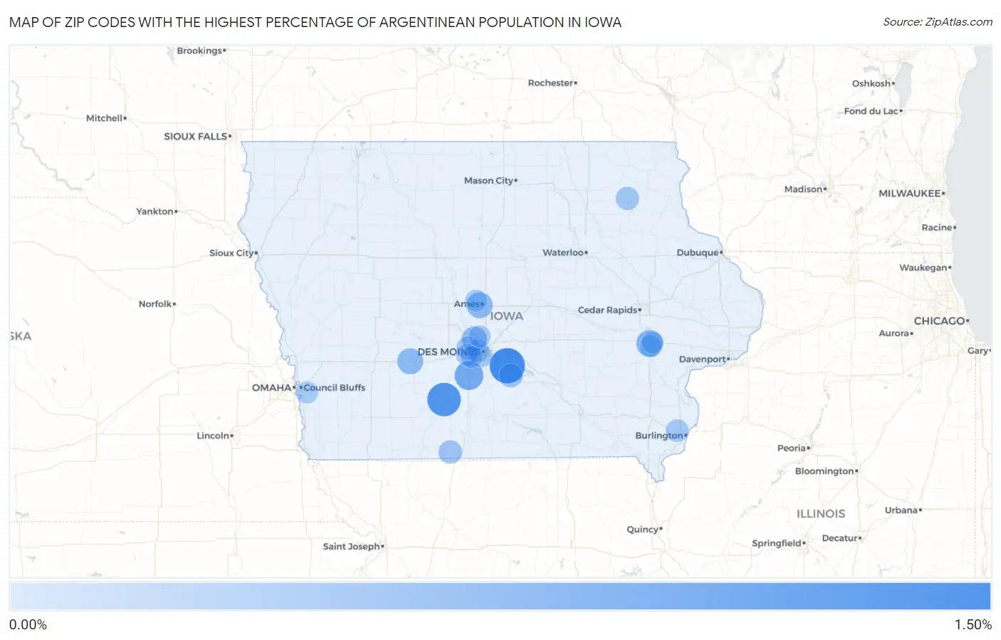 Zip Codes with the Highest Percentage of Argentinean Population in Iowa Map