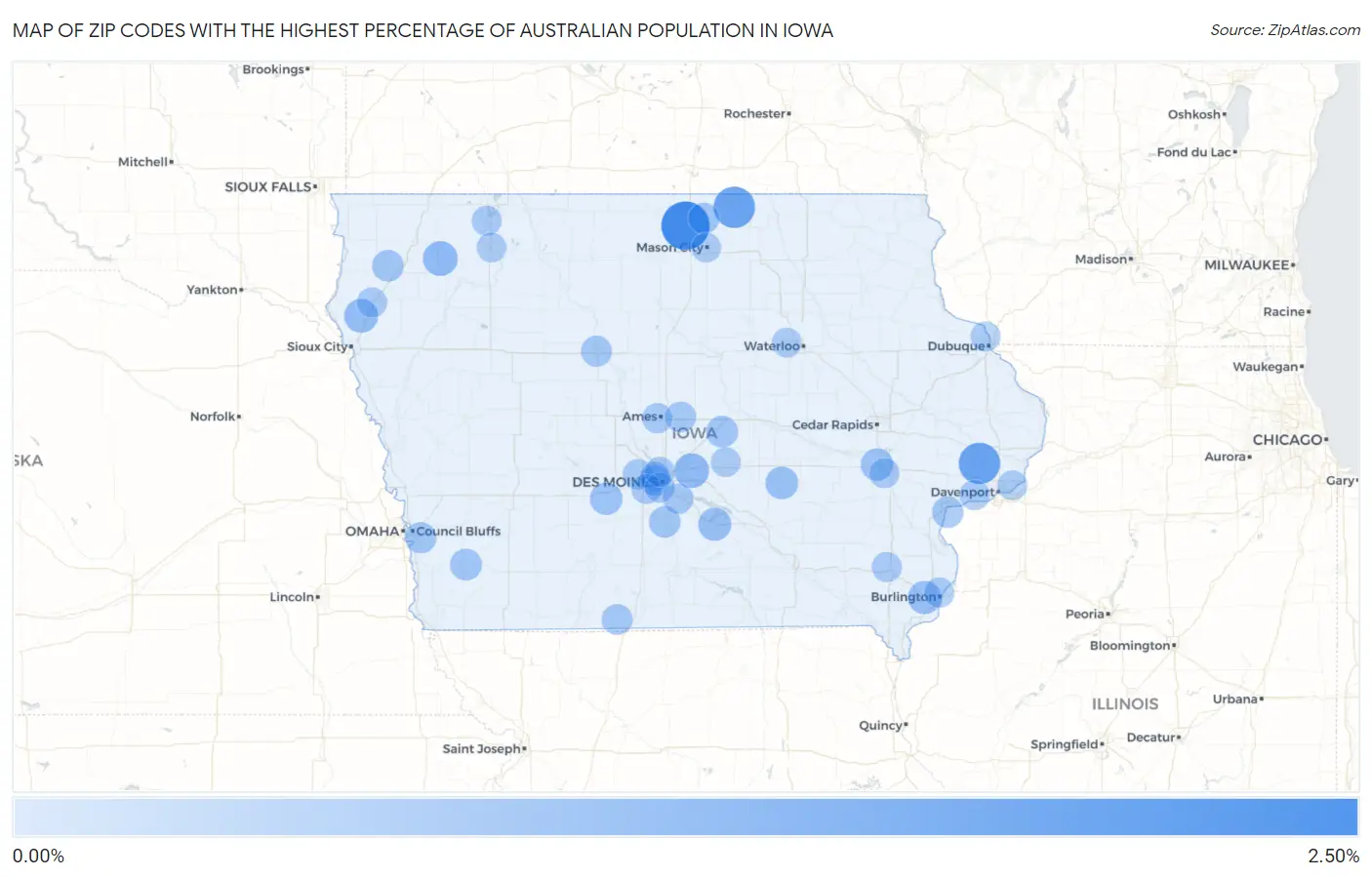 Zip Codes with the Highest Percentage of Australian Population in Iowa Map