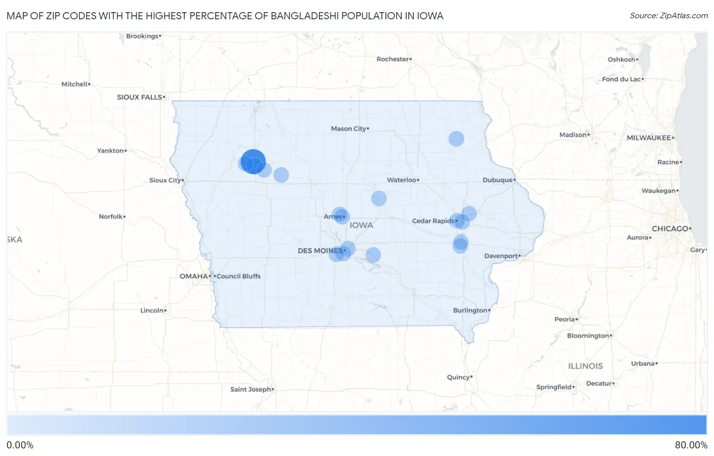 Zip Codes with the Highest Percentage of Bangladeshi Population in Iowa Map