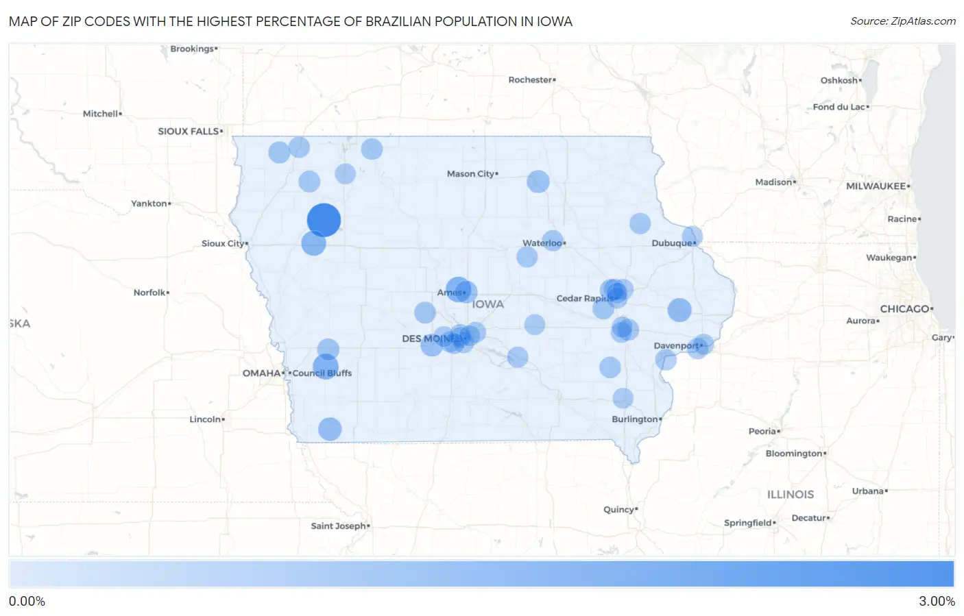 Zip Codes with the Highest Percentage of Brazilian Population in Iowa Map