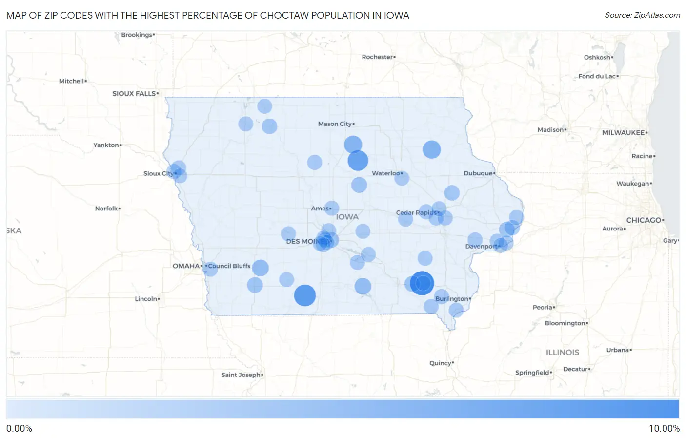Zip Codes with the Highest Percentage of Choctaw Population in Iowa Map
