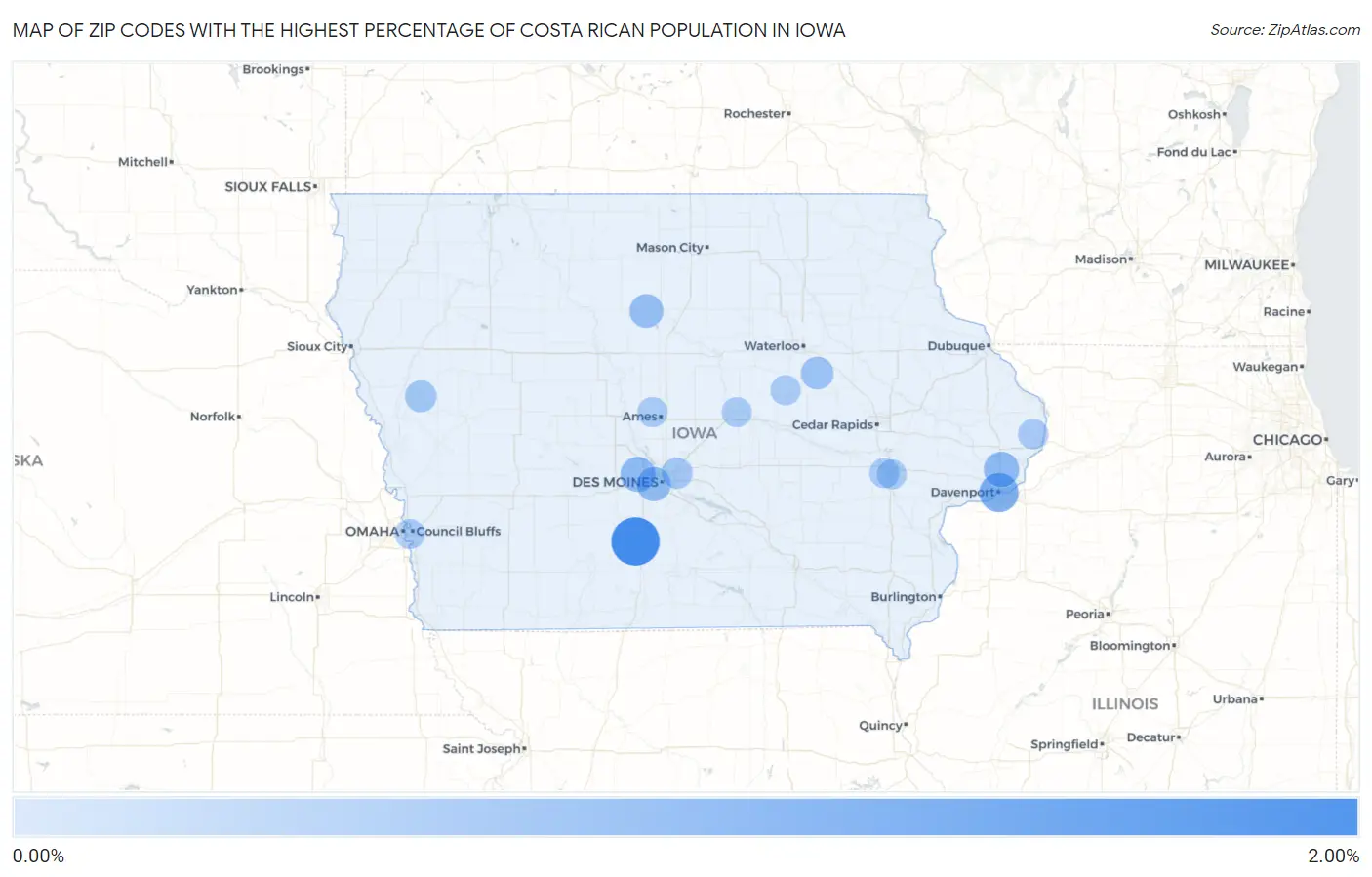 Zip Codes with the Highest Percentage of Costa Rican Population in Iowa Map