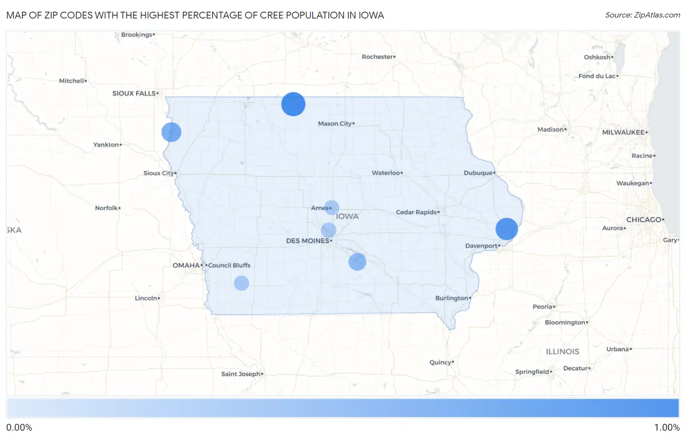 Zip Codes with the Highest Percentage of Cree Population in Iowa Map