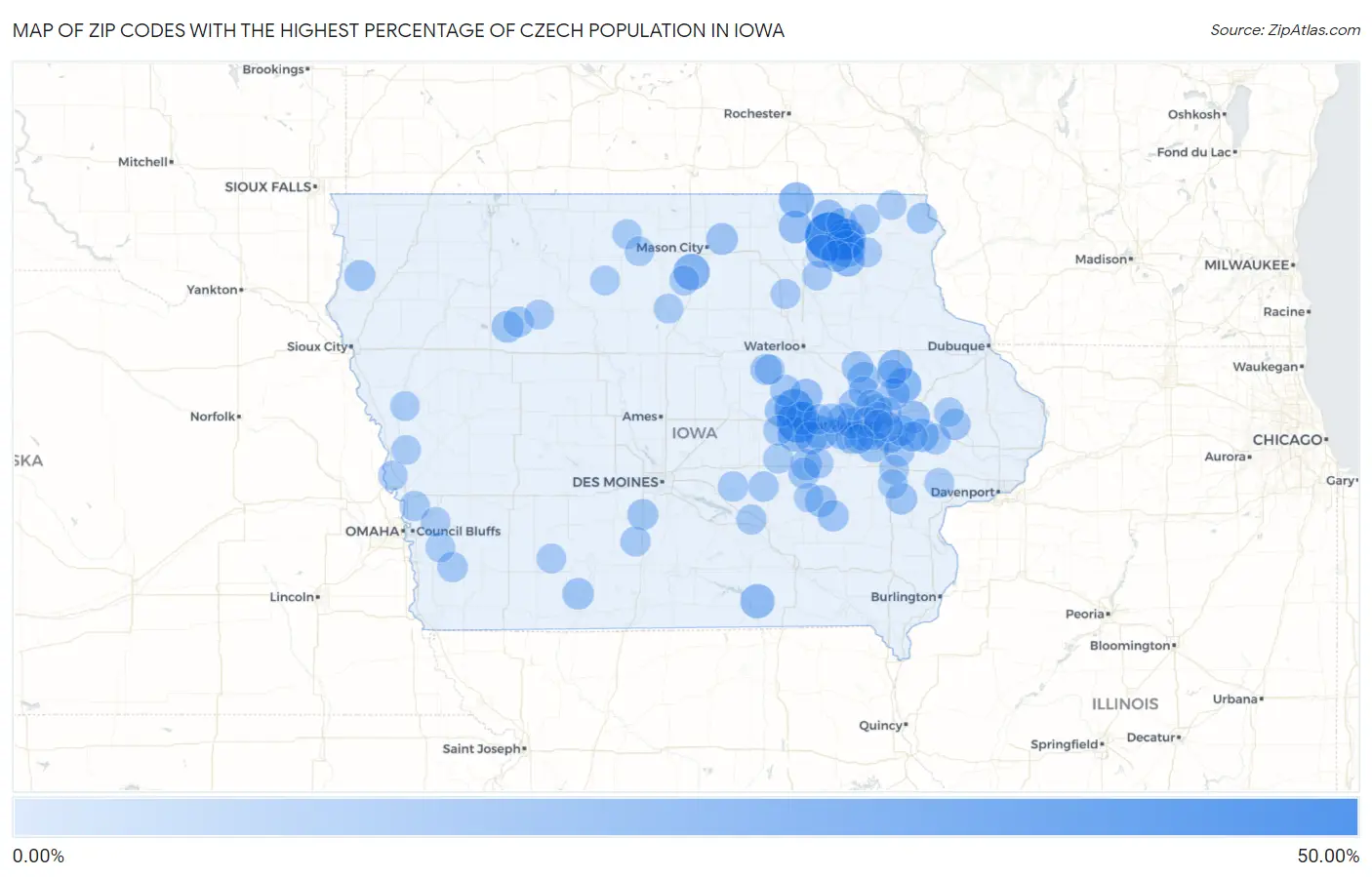 Zip Codes with the Highest Percentage of Czech Population in Iowa Map