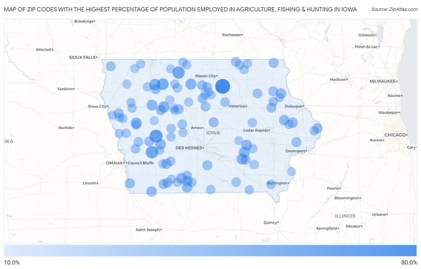 Zip Codes with the Highest Percentage of Population Employed in Agriculture, Fishing & Hunting in Iowa Map