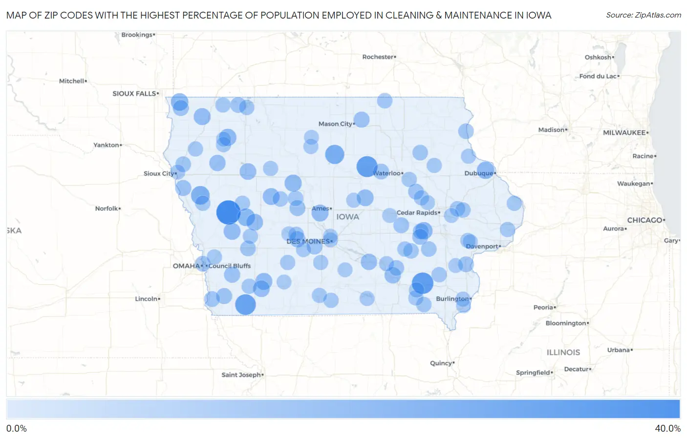 Zip Codes with the Highest Percentage of Population Employed in Cleaning & Maintenance in Iowa Map