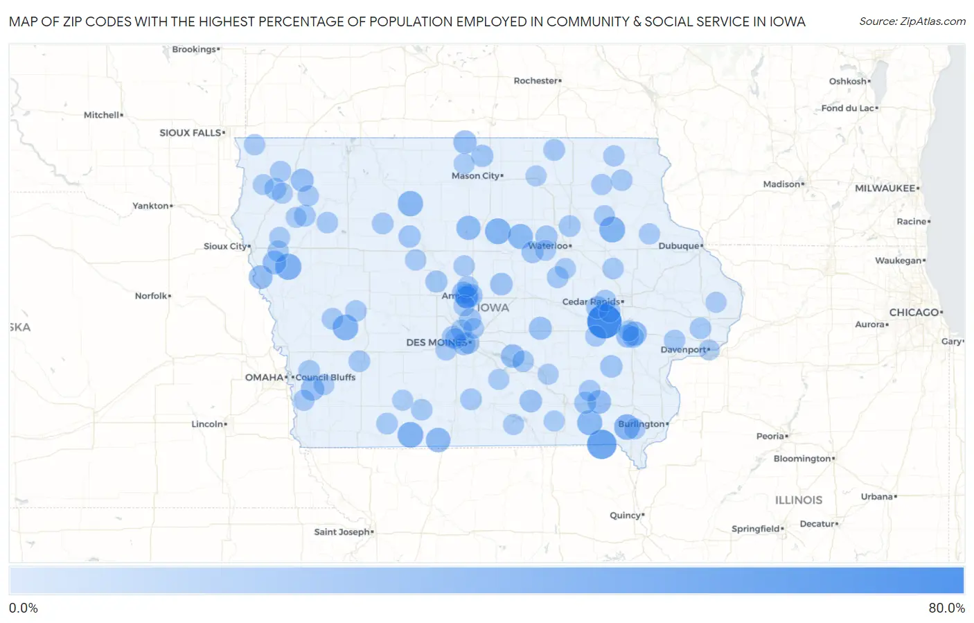 Zip Codes with the Highest Percentage of Population Employed in Community & Social Service  in Iowa Map
