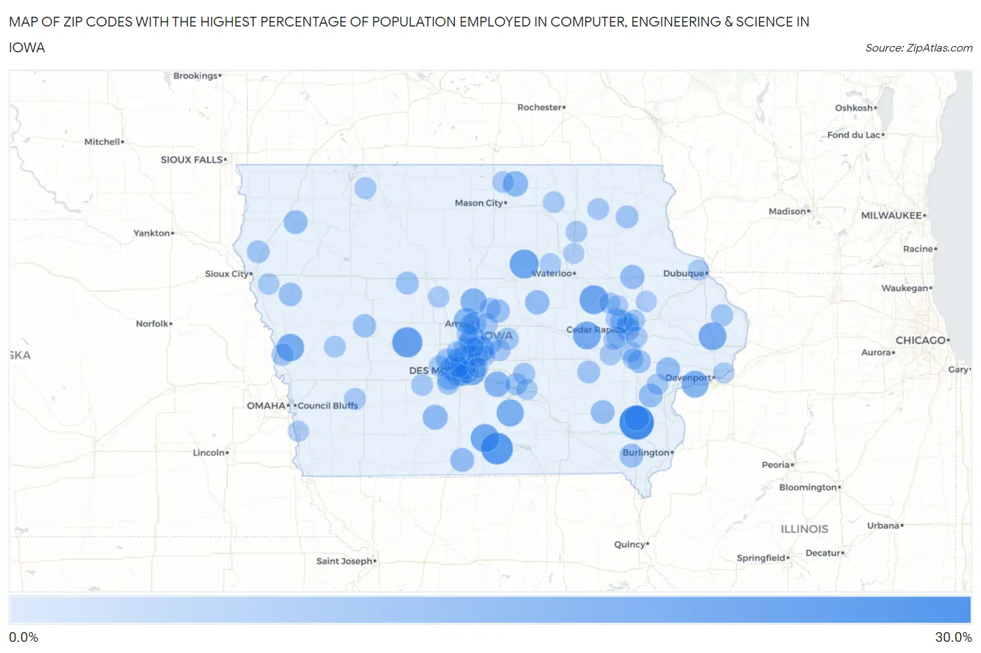 Zip Codes with the Highest Percentage of Population Employed in Computer, Engineering & Science in Iowa Map