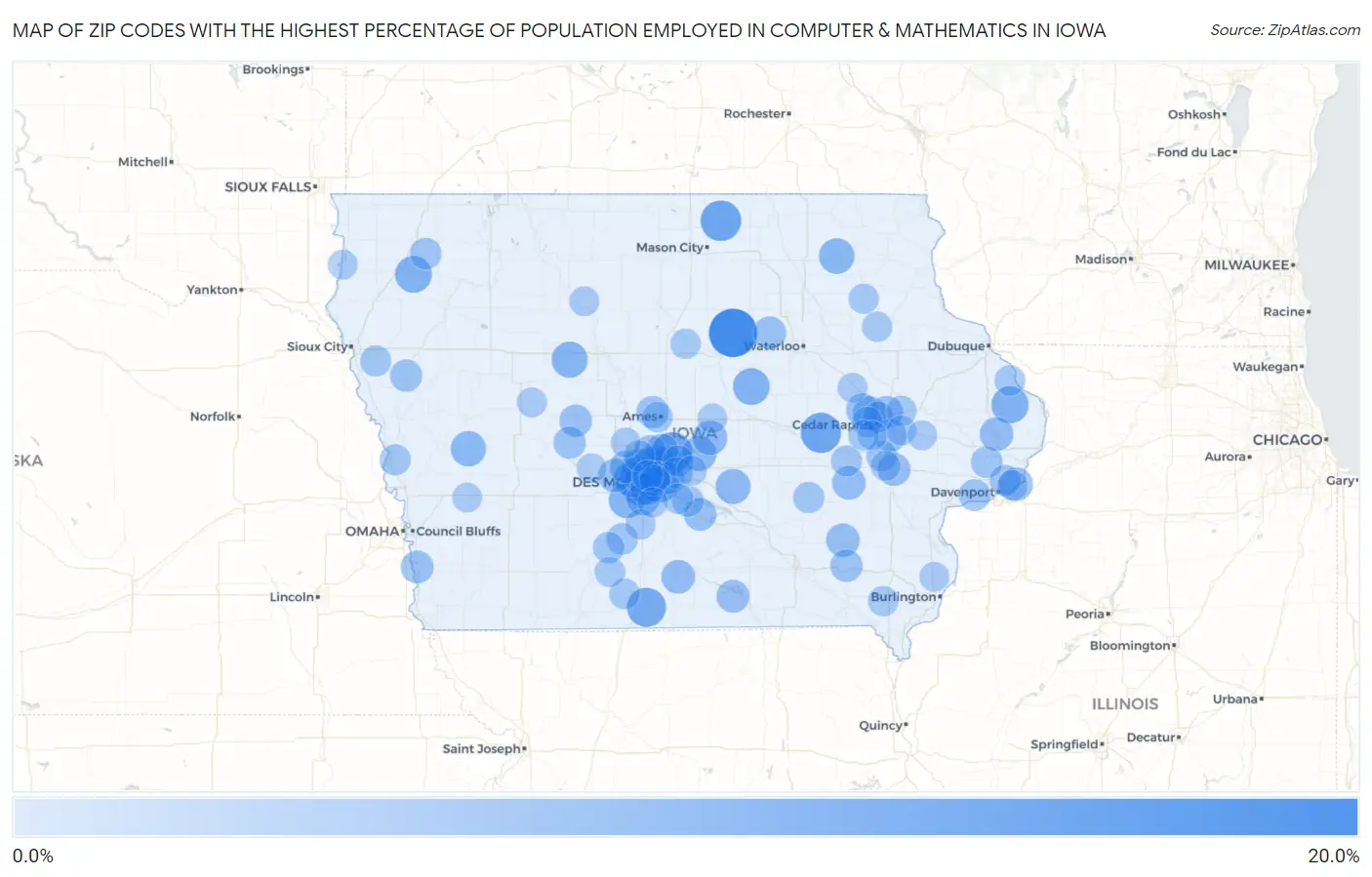 Zip Codes with the Highest Percentage of Population Employed in Computer & Mathematics in Iowa Map