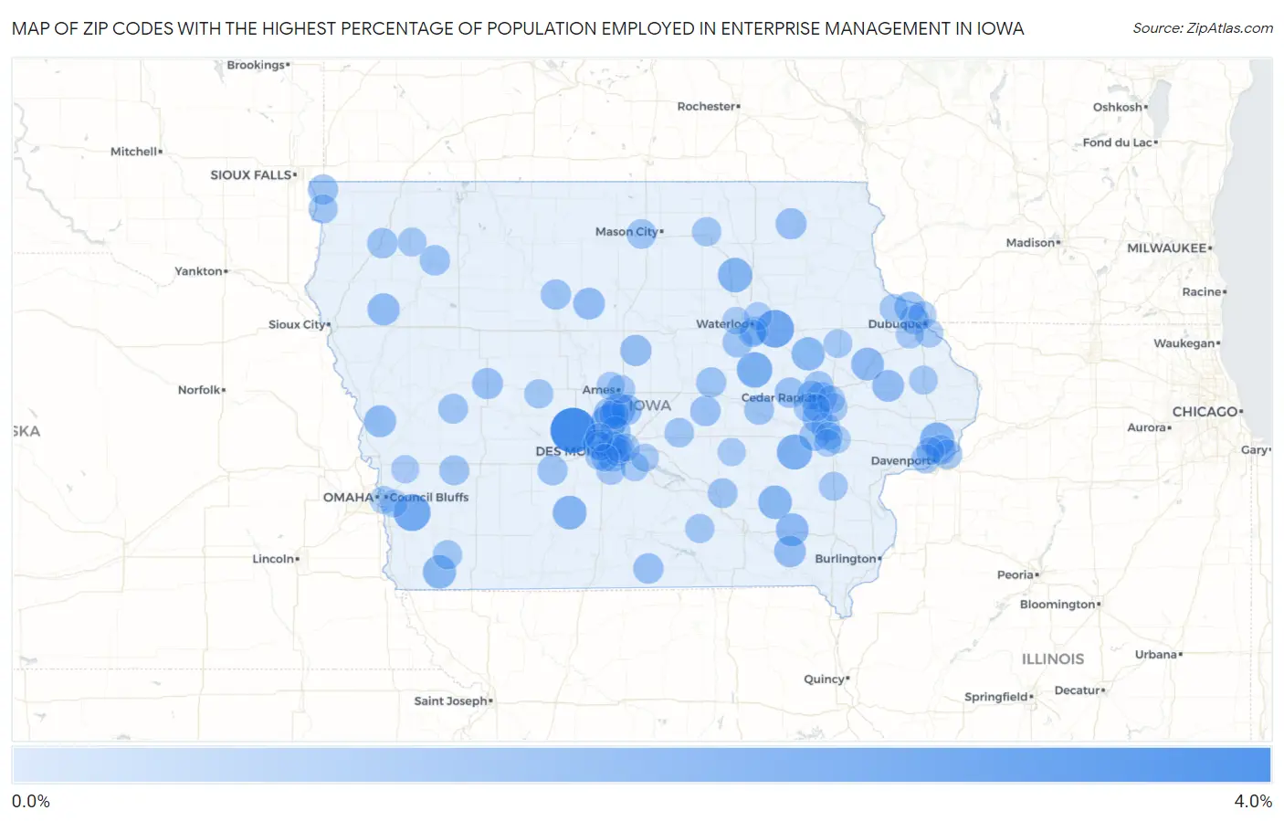 Zip Codes with the Highest Percentage of Population Employed in Enterprise Management in Iowa Map