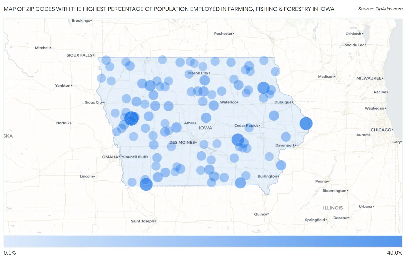 Zip Codes with the Highest Percentage of Population Employed in Farming, Fishing & Forestry in Iowa Map