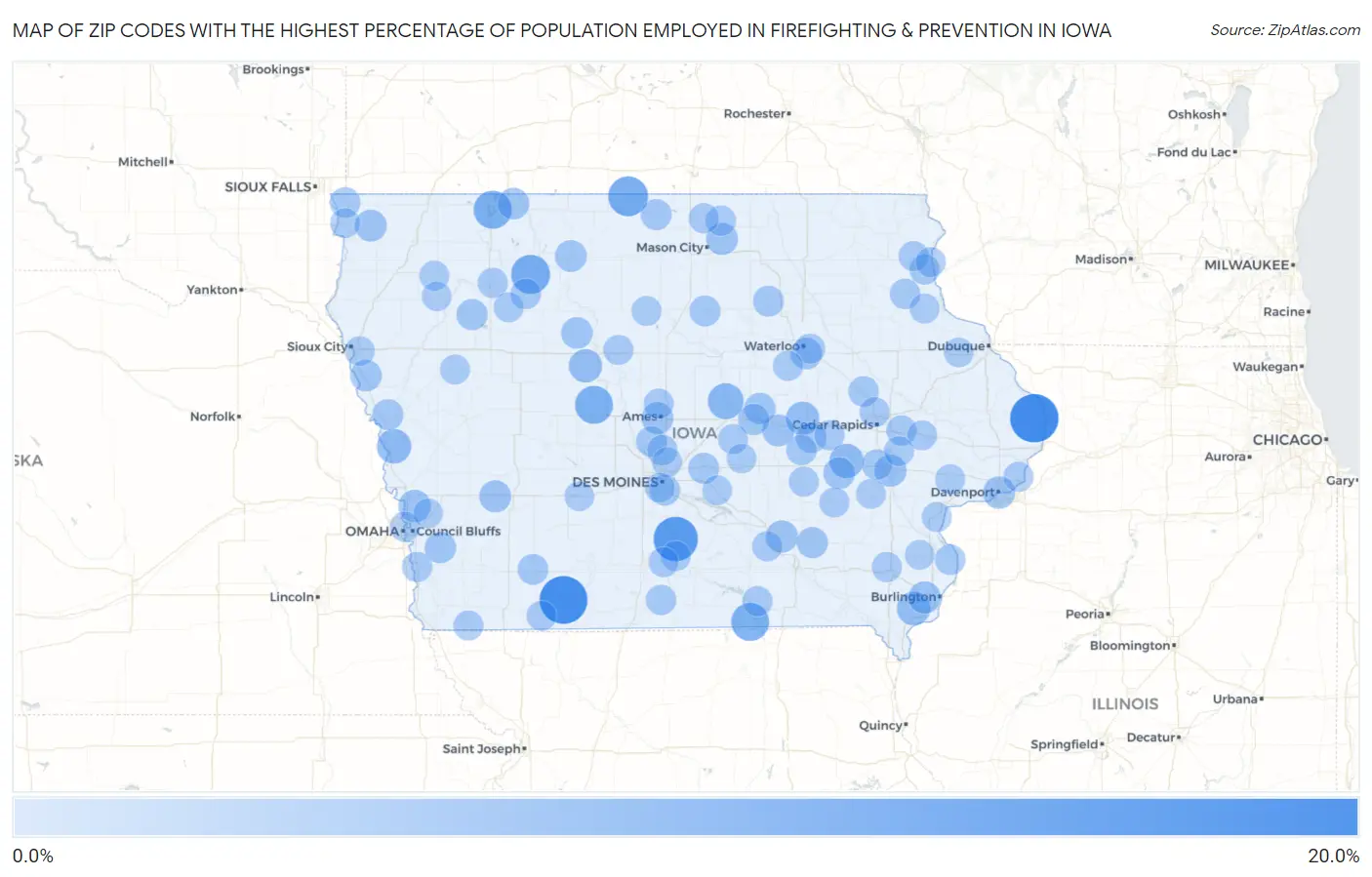 Zip Codes with the Highest Percentage of Population Employed in Firefighting & Prevention in Iowa Map