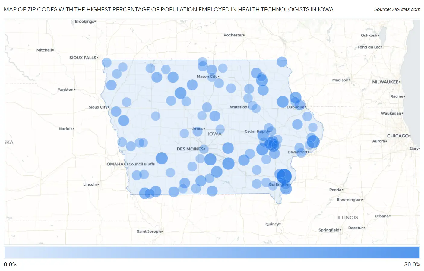 Zip Codes with the Highest Percentage of Population Employed in Health Technologists in Iowa Map