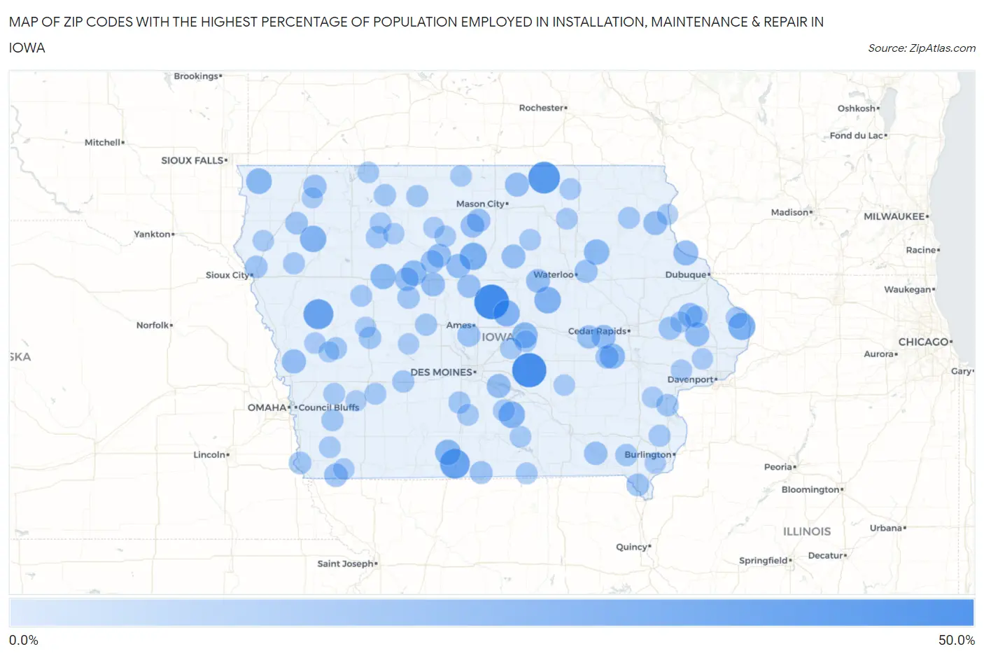 Zip Codes with the Highest Percentage of Population Employed in Installation, Maintenance & Repair in Iowa Map