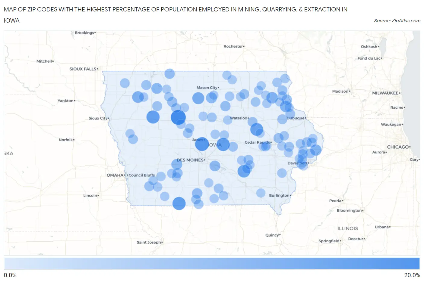 Zip Codes with the Highest Percentage of Population Employed in Mining, Quarrying, & Extraction in Iowa Map
