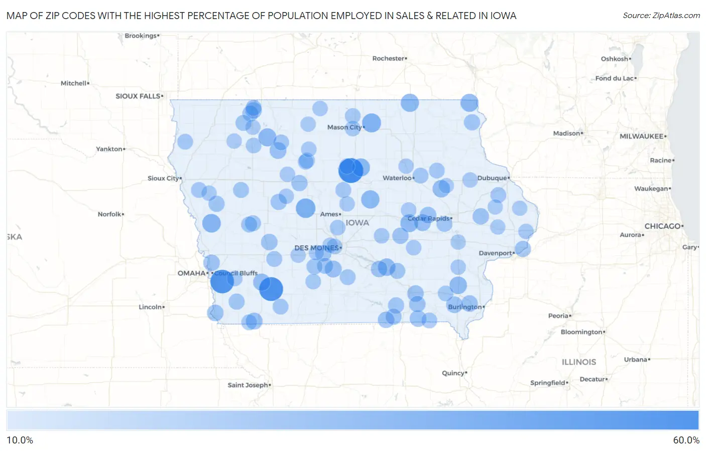 Zip Codes with the Highest Percentage of Population Employed in Sales & Related in Iowa Map
