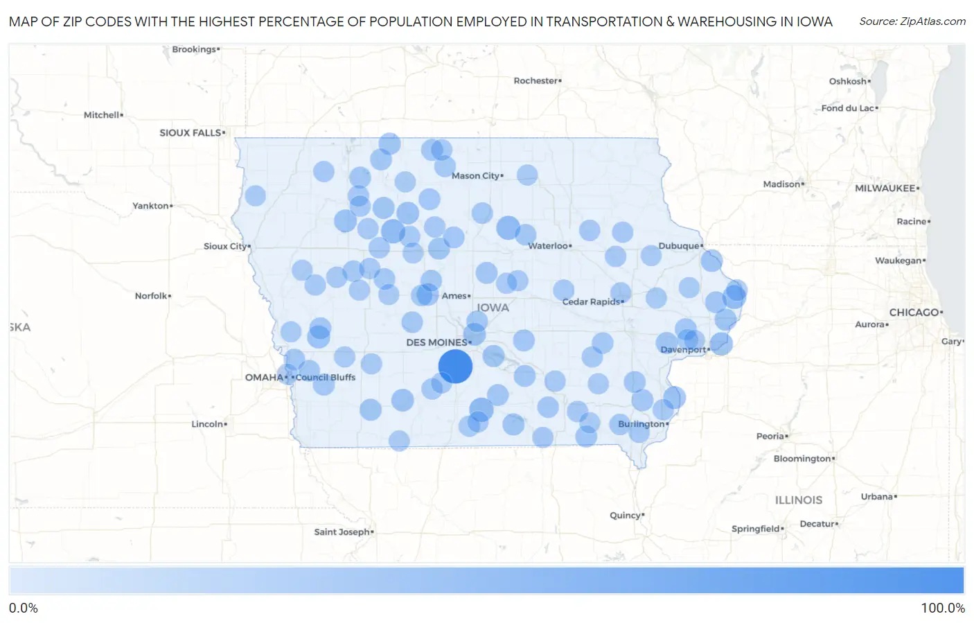 Zip Codes with the Highest Percentage of Population Employed in Transportation & Warehousing in Iowa Map