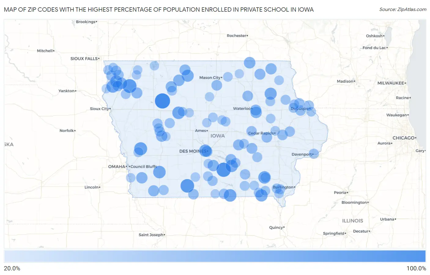 Zip Codes with the Highest Percentage of Population Enrolled in Private School in Iowa Map