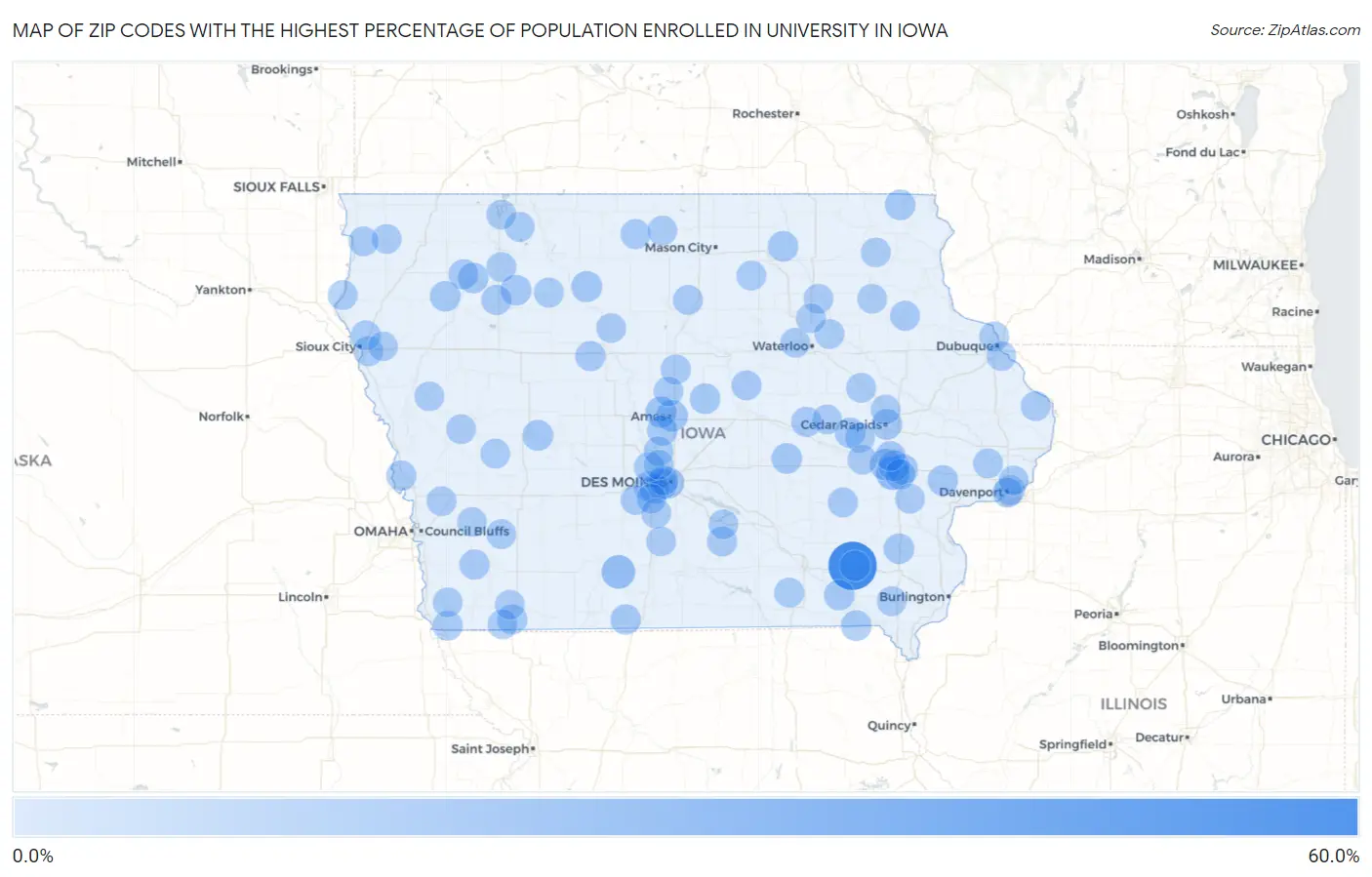 Zip Codes with the Highest Percentage of Population Enrolled in University in Iowa Map