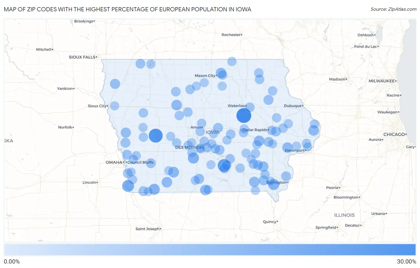 Zip Codes with the Highest Percentage of European Population in Iowa Map