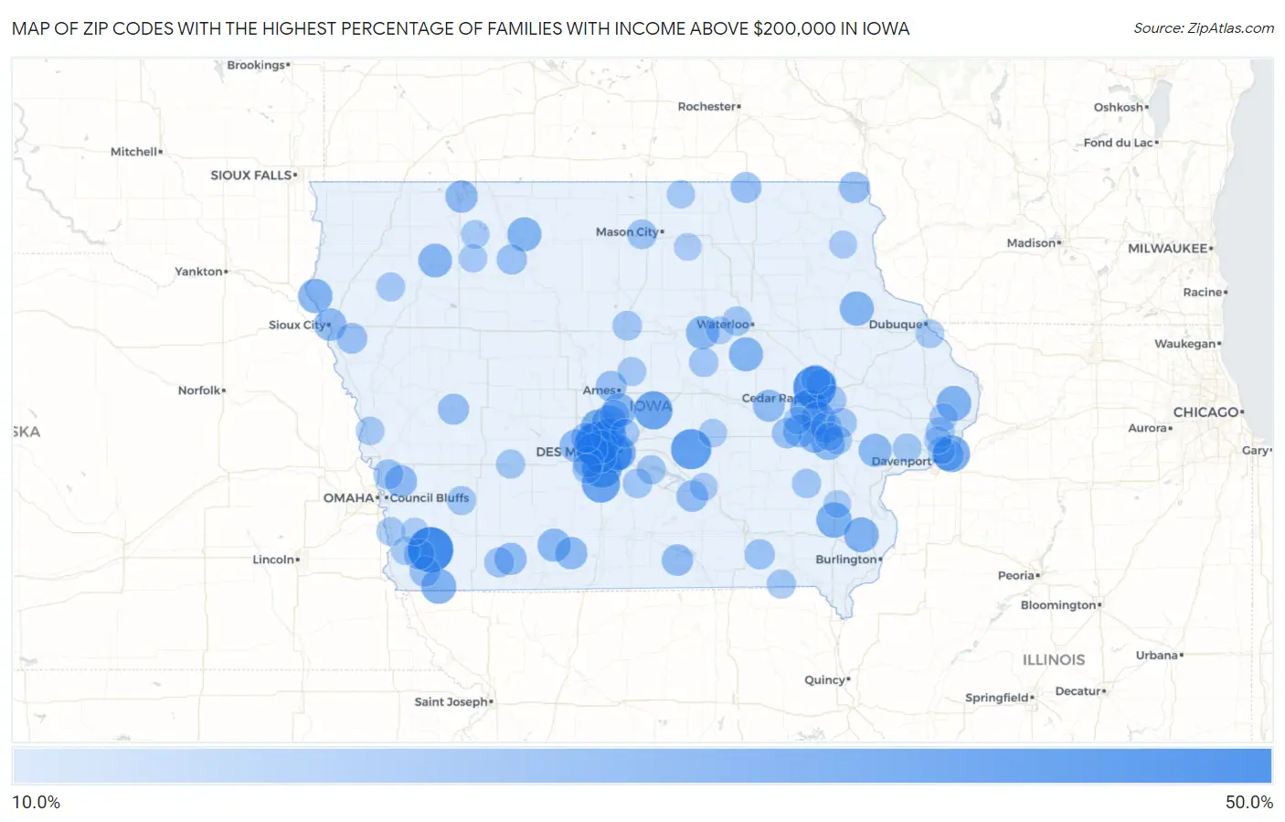 Zip Codes with the Highest Percentage of Families with Income Above $200,000 in Iowa Map