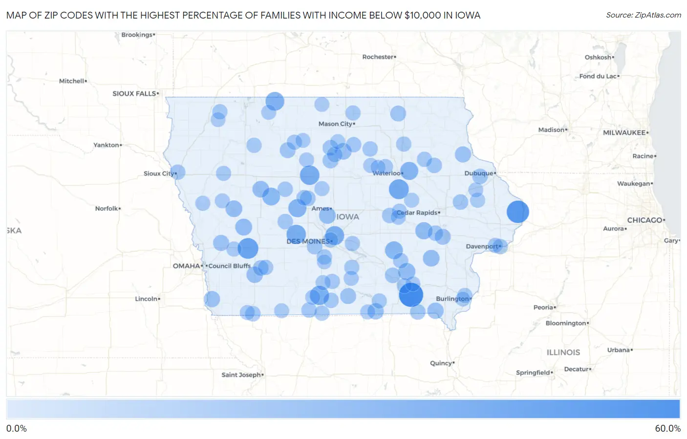 Zip Codes with the Highest Percentage of Families with Income Below $10,000 in Iowa Map