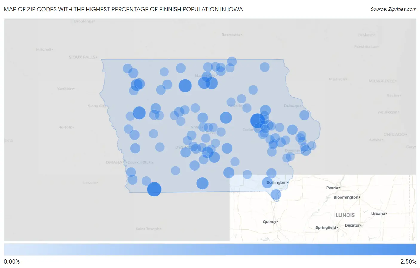 Zip Codes with the Highest Percentage of Finnish Population in Iowa Map