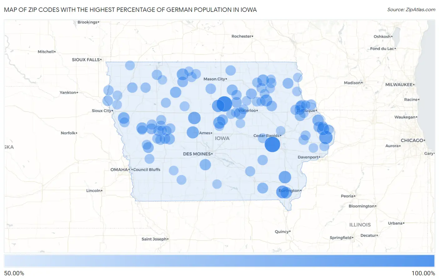 Zip Codes with the Highest Percentage of German Population in Iowa Map
