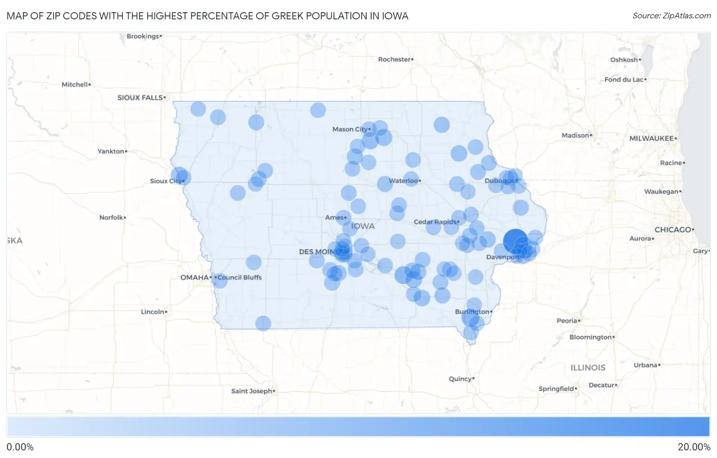 Zip Codes with the Highest Percentage of Greek Population in Iowa Map