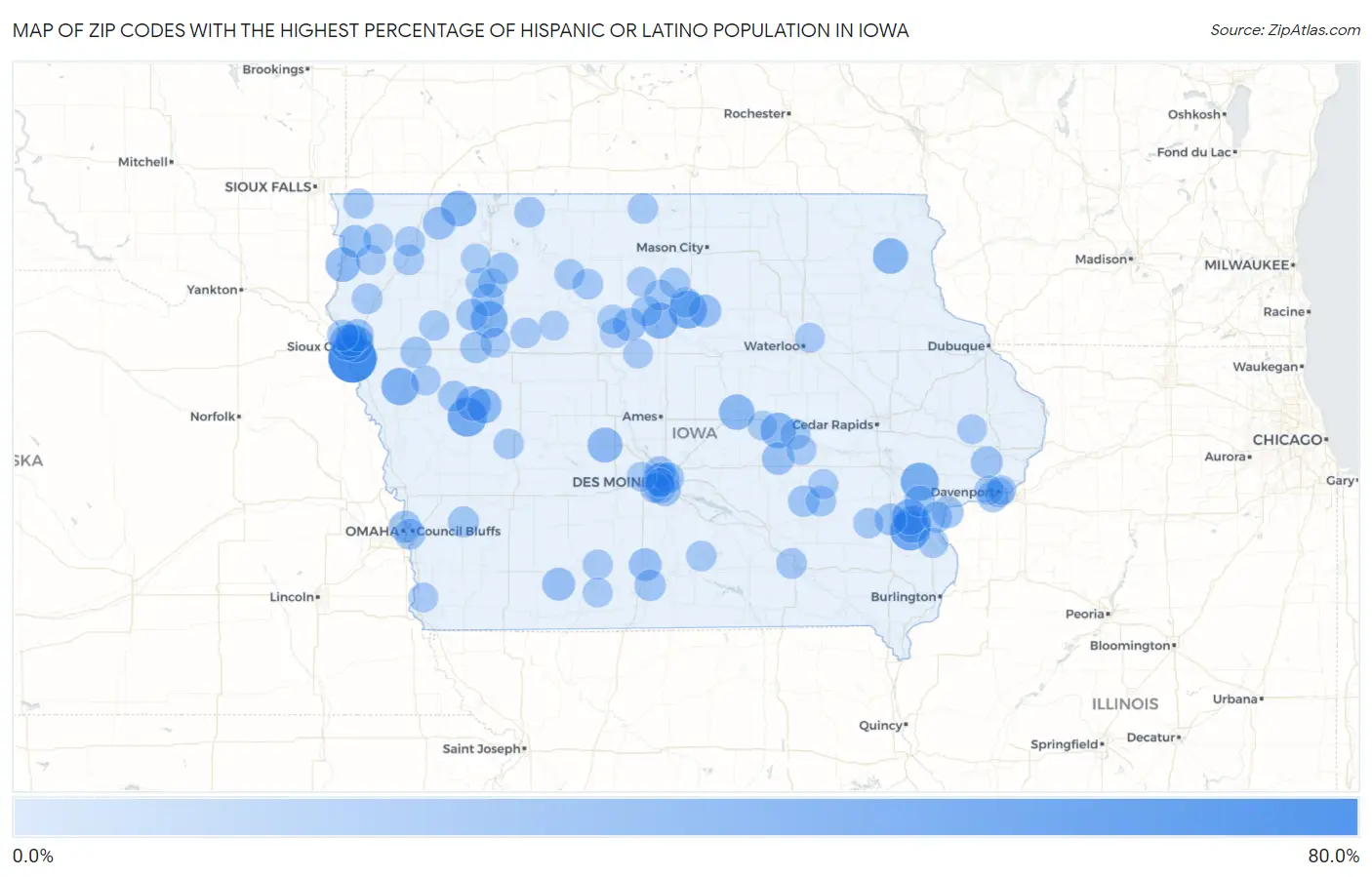 Zip Codes with the Highest Percentage of Hispanic or Latino Population in Iowa Map