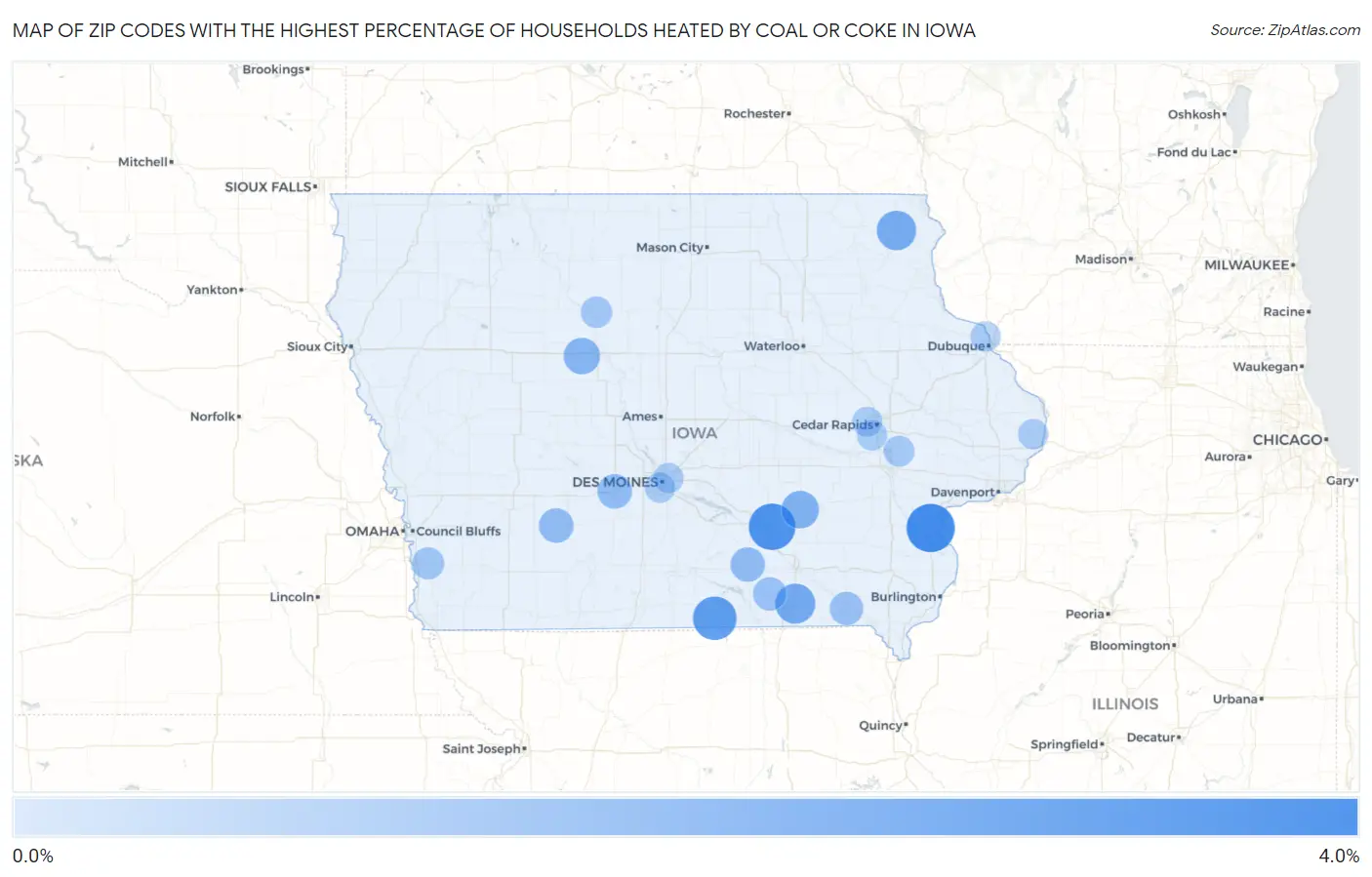 Zip Codes with the Highest Percentage of Households Heated by Coal or Coke in Iowa Map