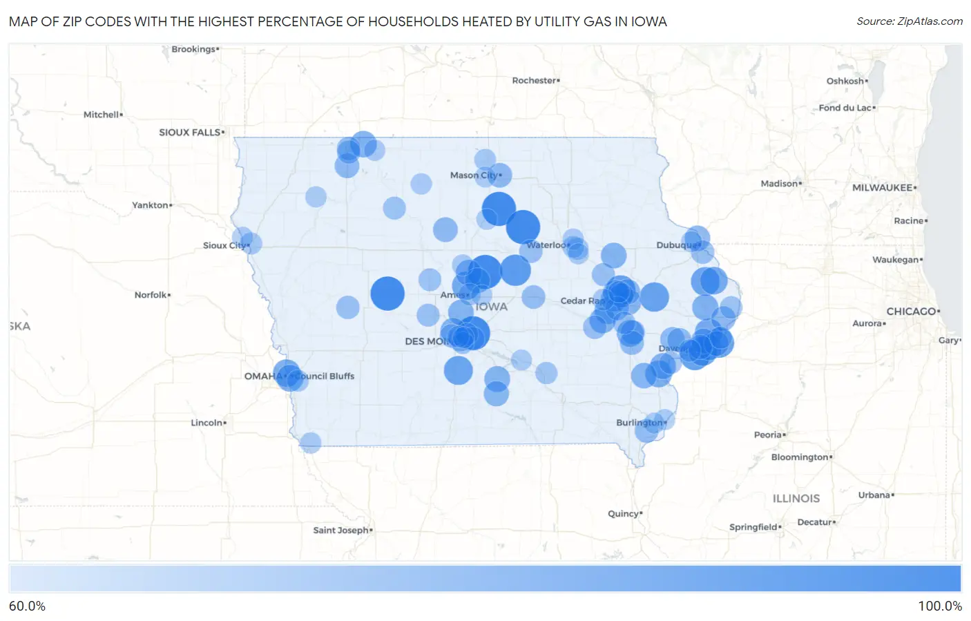 Zip Codes with the Highest Percentage of Households Heated by Utility Gas in Iowa Map