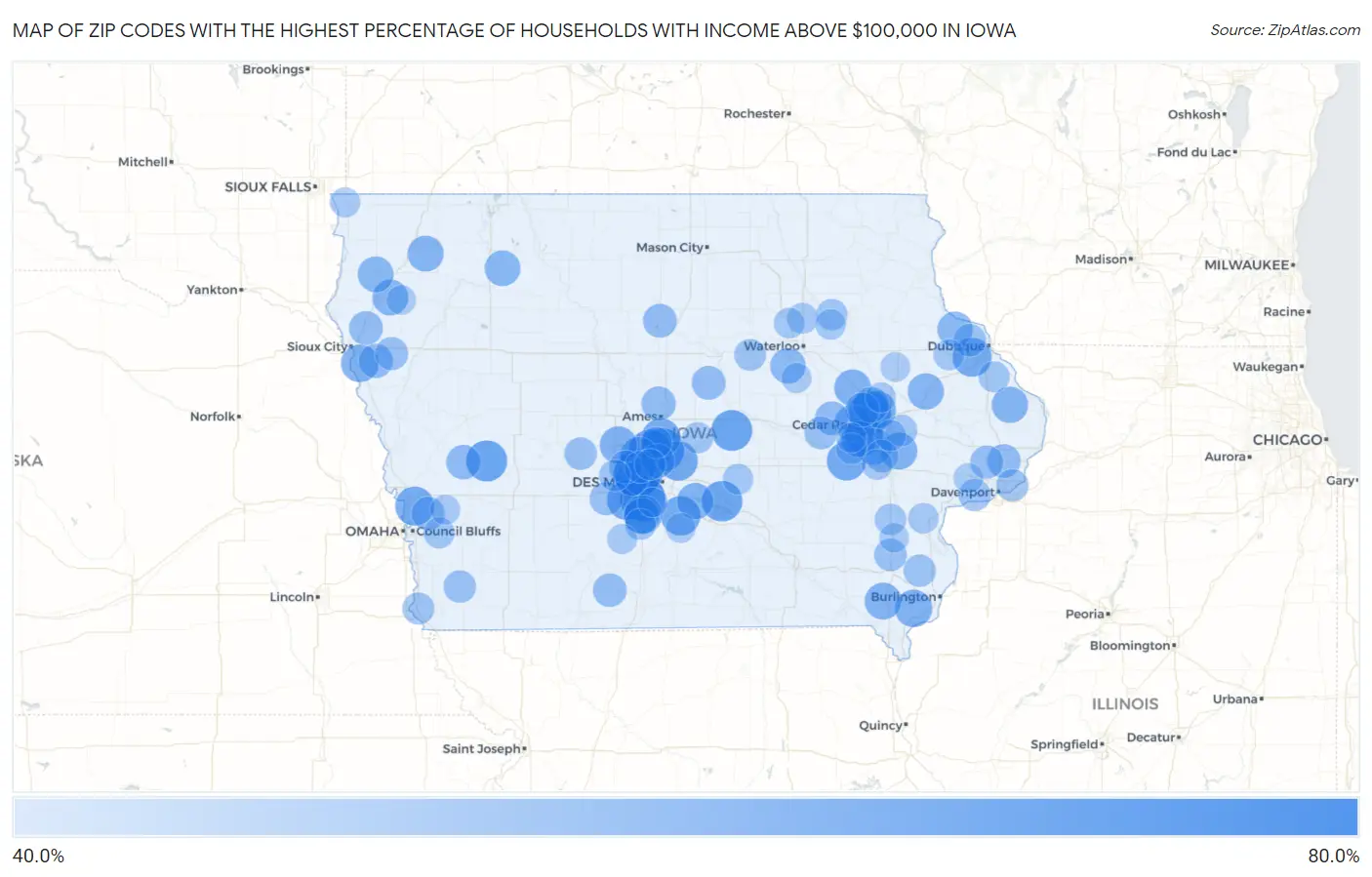 Zip Codes with the Highest Percentage of Households with Income Above $100,000 in Iowa Map